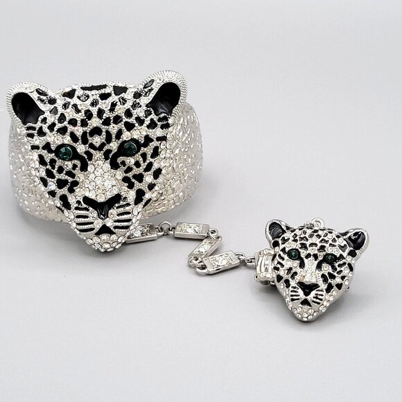 Large Leopard Head Rhinestone Bracelet Stretch Ring Set Hinged Green Crystal Eye - Picture 1 of 12